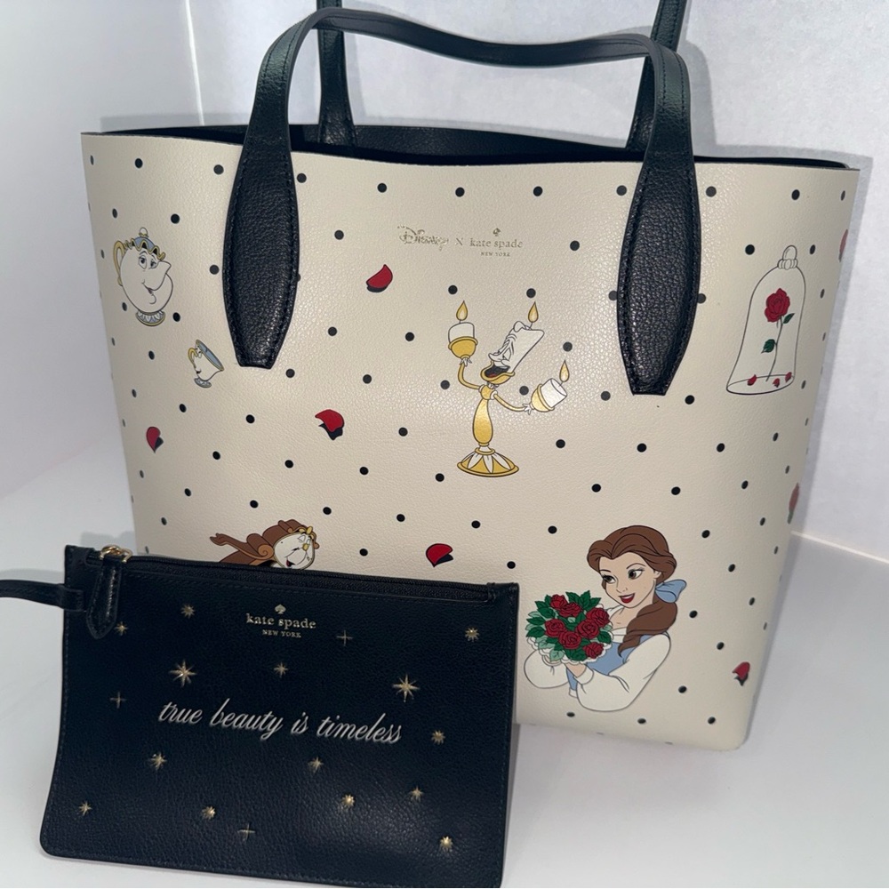 NWOT Kate Spade Beauty and the Beast Cream Black Shoulder Tote Wristlet